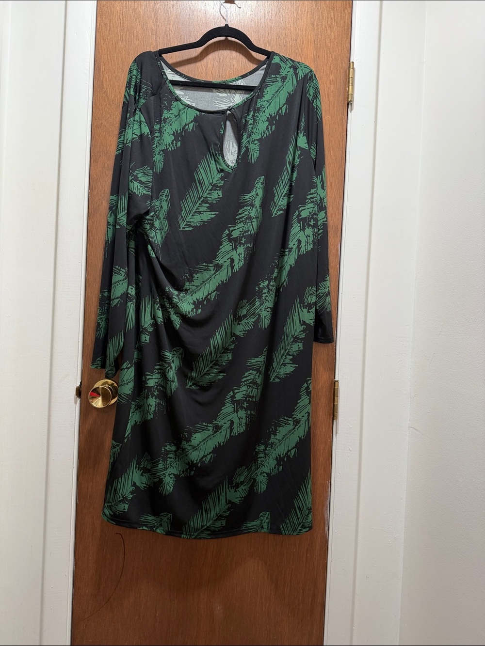 Black Dress with Green Leaf Print Long Sleeve